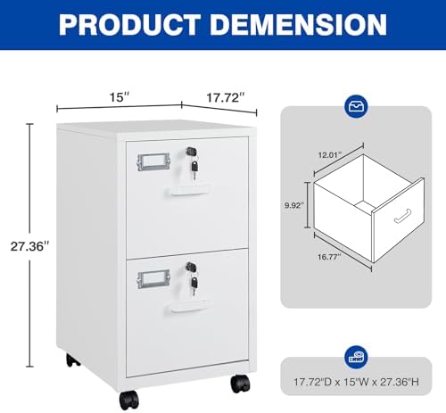 BYNSOE 2 Drawers File Cabinet with Lock Metal Vertical File Cabient with Wheels Mobile File Cabinet for Office Home Legal/Letter/a4 Size Require Assembly