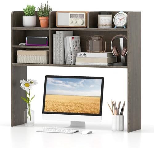 Tangkula Desktop Bookshelf for Computer Up to 32”, 37” Countertop Storage Hutch with 6 Storage Shelves, 3-Tier Desktop Organizer Display Rack, Wooden Desk Hutch for Dorm Home Office (Grey,6 Shelves)