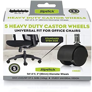 Slipstick CB682 2 Inch Replacement Office Chair Wheels (Set of 5 Casters) Universal Standard Size Stem 7/16 Inch x 7/8 Inch - Black Plastic