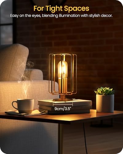 Industrial Table Lamp, 8.5" Small Brass Table Lamp with Dimmable 2400K Warm Light LED Bulb, Vintage Brass Desk Lamp, Gold Bedside Lamp for Bedroom, Study, Office, Small Space, D05TL05