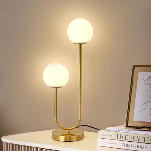 Mid Century Modern Globe Table Lamp Gold U-Shape Glass Table lamp 2-Globe Bedside Lamp with LED G9 Light Source Ideal for Bedroom & Office