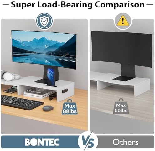 BONTEC Dual Monitor Stand Riser, Adjustable Length & Swivel Angle, White