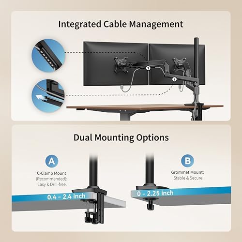 Ergounion Dual Monitor Mount, Holds Screens up to 40 Inches and 25 lbs, Fully Adjustable Dual Monitor Arm with C-Clamp and Grommet Base, Aluminum, Black