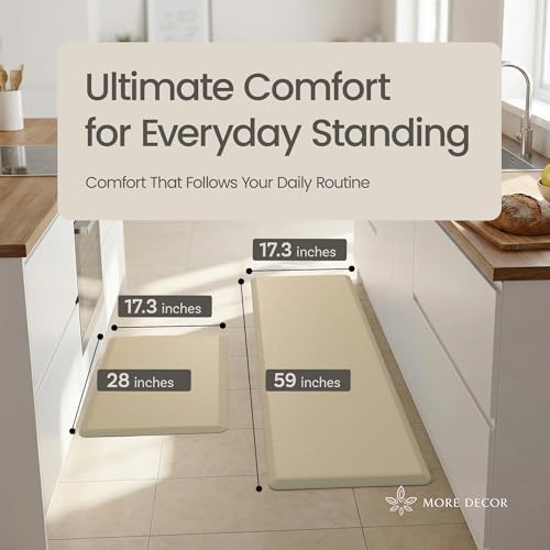 Anti Fatigue Kitchen Mats for Floor | Padded Kitchen Rugs | Non Slip, Cushioned Standing Desk Mat | Waterproof Floor Mat | 17.3" x 28" x 0.47" & 17.3" x 59" x 0.47", Beige, 2-Pack | More Décor
