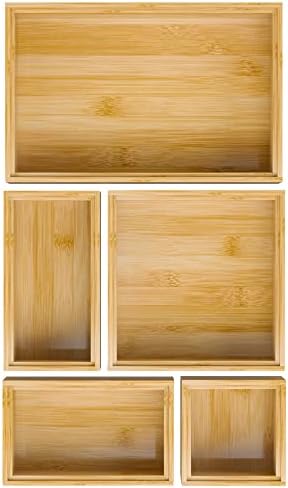 Bamboo Bathroom Drawer Organizer Dividers, Wooden Kitchen Utensil Holder Set of 5, Stackable Junk Drawer Organizer Tray, Multi-Use Storage Bins Boxs for Home, Office, Clothing, Makeup, Jewelry