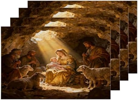 Shrahala Beige Christmas Christ Set Of 4 12 X 18 Inch Linen Placemats , Blue Christian Christian Burlap Table Mat Washable Double Layered Heat Insulation For Indoor/Outdoor