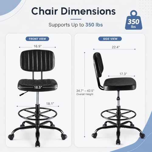 Simple Deluxe Tall Drafting Chair, Low Back PU Leather Standing Desk Chair with Footrest Ring, Swivel Rolling Stool for Studio, Lab, Counter and Small Spaces, Black