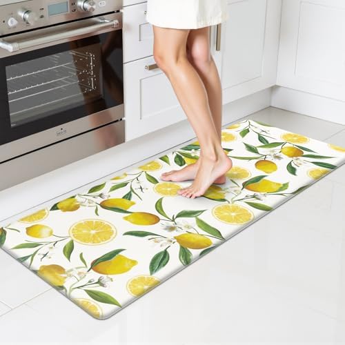 SHACOS Anti Fatigue Lemon Kitchen Rug Runner 17"x47" Kitchen Mats for Floor Non Slip Soft Cushioned Standing Mat Wipeable Waterproof Floor Mat, White