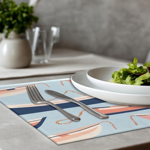 Nautical Small Boats Linen Placemats, Seaside Marine Table Mats for Table Washable Heat Insulation Thick Dining Mat, Indoor/Outdoor 12X18 in 6 Pcs