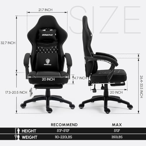 Dowinx Ergonomic Gaming Chair - Breathable Fabric with Gel Pad, Pocket Spring Cushion & Retractable Footrest, Comfortable Gamer Chair with Storage Bag,Deep Black
