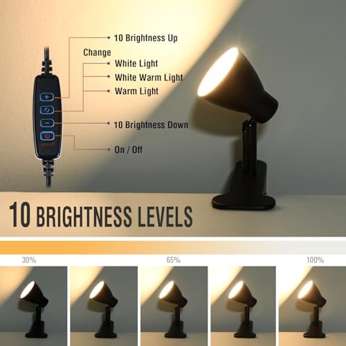 CRI 90+ Clip on Reading Lamp, Clip on Light for Bed headboard/Desk/Bunk/Table/Shelf, Bedside Reading Light with 3 Color Temperature Options, 10 Dimmable Brightness Levels (6W/2Packs)