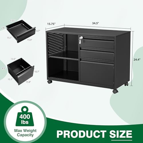 3 Drawer File Cabinet with Lock,Mobile Lateral Filing Cabinet with Side Hook for Letters/Legal/A4, Metal Printer Stand Storage Cabinets with Shelves for Home Office(Black)