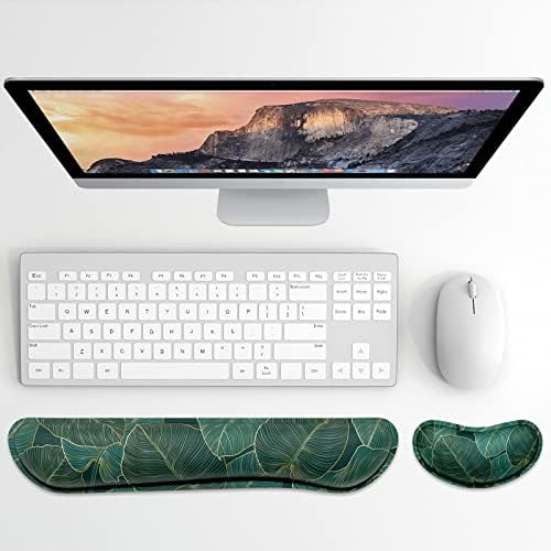 Dapesuom Enlarge Keyboard Wrist Rest, Memory Foam Wrist Cushion for Desk Mats Support, Cute Pain Relief Keyboard Mouse Pad Rests Set with Non-Slip Base for Gaming Laptop Office Computer, Green Leaf