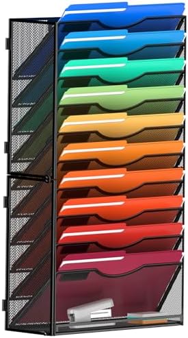 MINDEPOT 11 Tier Wall File Holder Hanging Wall Mount Paper File Organizer for Mails Folders Document Magazine Organization, for Office School Home, Black