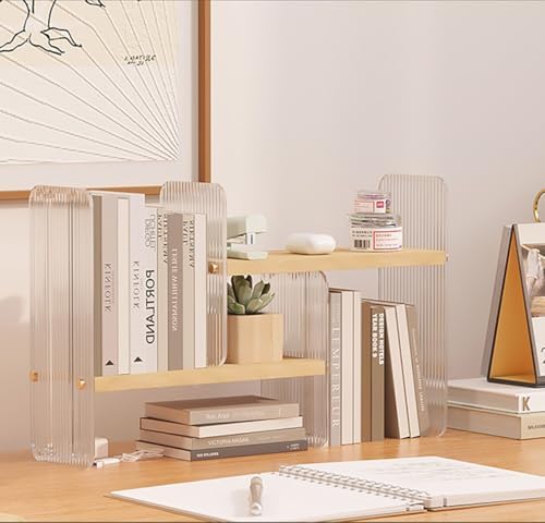 BYCY Double H Display Bookshelf Desktop Organizer Office Storage Rack Expandable Wood Display Shelf with Acrylic Side Board Free Style Display Storage Rack Stackable for Home Office (Natural)