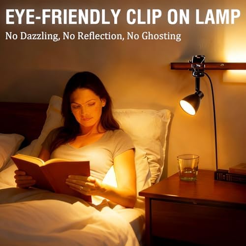 CRI90+ Clip Reading Light, Small Clamp on Bed Lamp for Bedside/Headboard/Desk/Bunk/Table/Shelf, 3 Color Temperature Options, 10 Dimmable Brightness Levels for Reading (6W/Adapter Included)