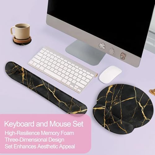 Golden Black Flowing Marble Mouse Pad with Wrist Rest and Keyboard Wrist Rest Set, Non-Slip Rubber Base Memory Foam Mouse Pad Set for Women, Office Desk Accessories, Gaming