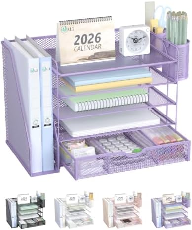WALI Desk File Organizer, 5 Tier Desktop Paper Letter Tray Organizer with Drawer and 2 Pen Holders, Office Desk Accessories & Workspace Organizers for Office, Home Supplies(DO006DH-V), 1 Pack, Purple