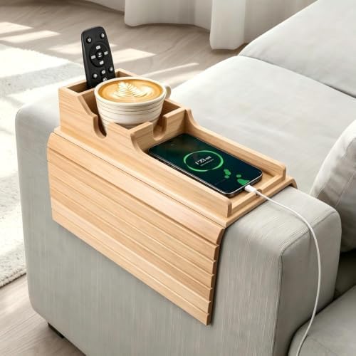 Yoshiky 2 Pack Bamboo Couch Armrest Table, Couch Arm Tray with Removable Couch Cup Holder, 2 in 1 Design Foldable Anti-Slip Bamboo Couch Tray and Sofa Cup Holder for Drink