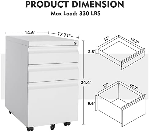 MIIIKO 3 Drawer File Cabinet, Rolling File Cabinet Under Desk, Metal Filing Cabinets for Home Office, Deep Drawers for Hanging Legal Letter Folders, Full Assembled Except Casters