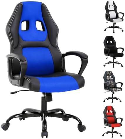 Blue Gaming Chair for Kids, Ergonomic Office Chair Computer Chair with Adjustable High Back & Armrest, PU Leather Gamer Chair with 360°Swivel, Heavy Duty Gaming Chairs for Adults, Teens