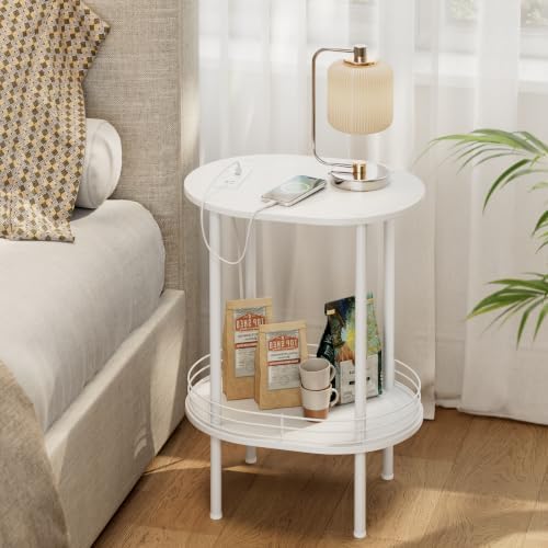 Small Oval Side Table with Charging Station, 2-Tier White Round End Table