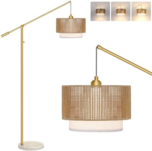 【Upgraded】Boho Dimmable Floor Lamp with Adjustable Swing Arm, 1100 Lumens Bulb Included, Modern Standing Lamp with Rattan & Fabric Shades, Tall Arc Floor Lamp for Living Room Bedroom, Gold, Heavy Base