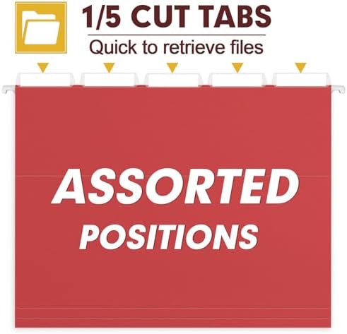 HERKKA Hanging File Folders, 30 Pack Reinforced Letter Size Hanging Folders, Designed for Bulky Files, Filing Cabinet, 1/5-Cut Adjustable Tabs (Red)