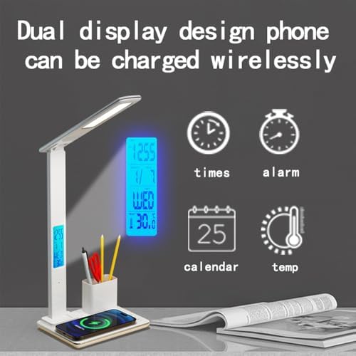 IHAO 7in1 Multi Functional Desk Lamp with Wireless Charger Digital Clock Fast Charging for Phone Earbuds Time/Date/Temp Display Alarm Clock 3 Light Modes Detachable Pen Brush Pot-HYT1771 White