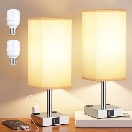 Set of 2 Grey Touch Table Lamp for Bedroom, Dimmable, USB C+A, 2 AC Outlets
