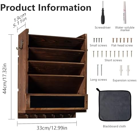 Wall Mail Organizer, Rustic Key and Mail File Holder for Wall Mount，brown