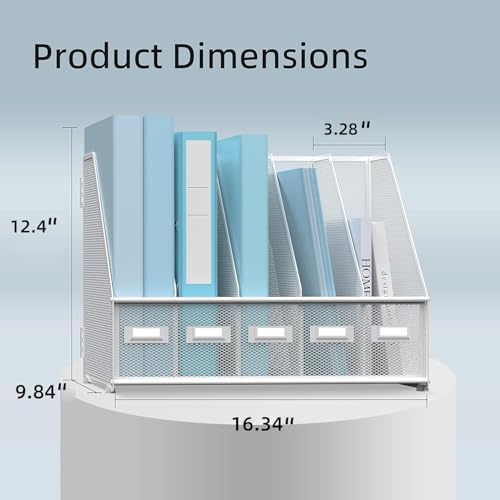 SUPEASY Desk Organizers Metal Desk Magazine File Holder with 5 Vertical Compartments Rack File Organizer for Office Desktop, Classroom, Home Workspace, White
