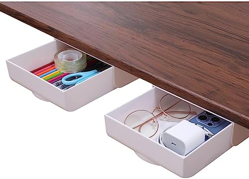 2 Pack Under Desk Drawer Self-Adhesive Desktop Storage Organizer, Hidden Attachable Slide Out Desk Drawer, Under Table Tray for Pencil Pen Stationery Office Organization, White