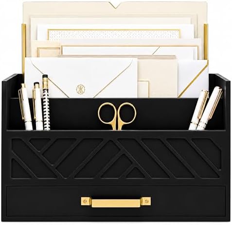 BLU MONACO | Wooden Mail Organizer with Drawer and Gold Handle | Mail Sorter Organizer Countertop for Desk | Outgoing Mail Holder and Letter Sorter for Desk Storage