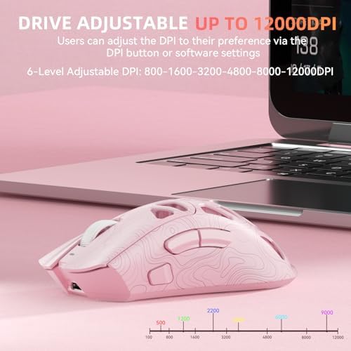 Aula SC620 Wireless Gaming Mouse, Tri-Mode 2.4GHz/USB-C/BT5.3 Computer Mouse with 12000 DPI, Programmable Macro Gamer Mouse with Rapid Fire Key, RGB Light Gaming Mice for PC/Laptop/Mac (Line Pink)