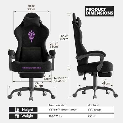 Soontrans Black Velvet Fabric Gaming Chairs with Footrest, Ergonomic Comfortable Video Gamer Chair, Reclining Office Computer Desk Game Chairs with Massage Lumbar Cushion,Headrest for Adult