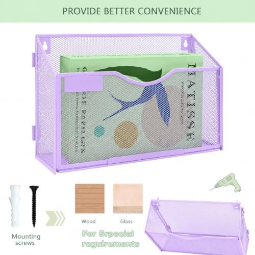 1 Pocket Mesh Wall File Holder Organizer Office Hanging File Folder Magazine Rack, Nametag Label Hooks Set Included (Purple)
