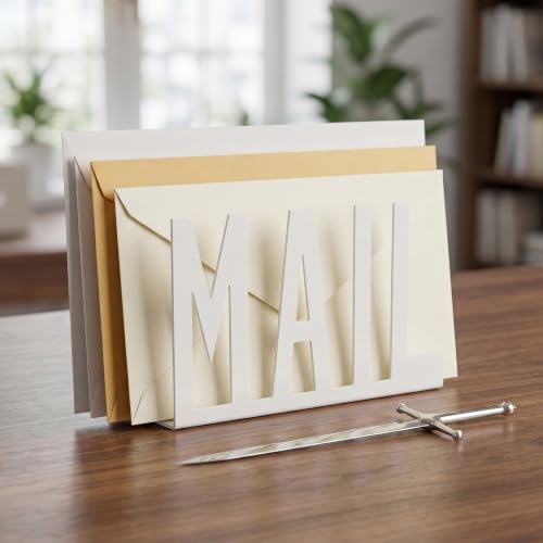 Cutout Mail Lettering Design Mail Holder Organizer Countertop with Sword Letter Opener Set Office Mail Basket Mail Holder and Cute Mail Envelope Opener Sword（White）