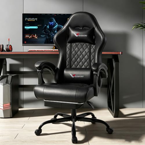 Black Gaming Chair for Adults with Independent Pocket Spring Cushion Seat, Ergonomic Office Chair with Footrest, Leather Executive Chair