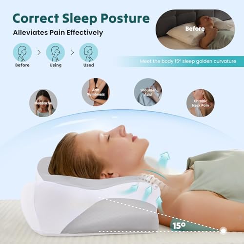 Sweetcrispy Cervical Neck Pillow for Neck Pain Relief, Ergonomic Contour Memory Foam Pillow for Side Back & Stomach Sleepers with Cooling Breathable Cover