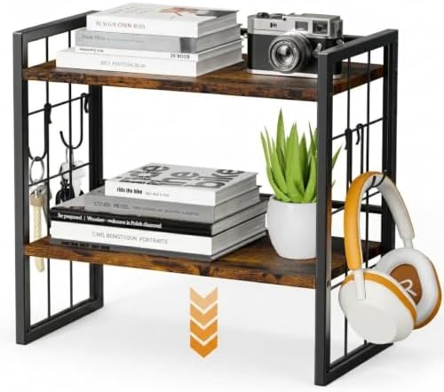 2-Tier Desktop Bookshelf, Desk Shelf Organizer, Rustic Brown