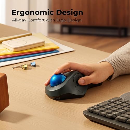 Wireless Ergonomic Trackball Mouse, Large Hands, 44mm Index Finger Control