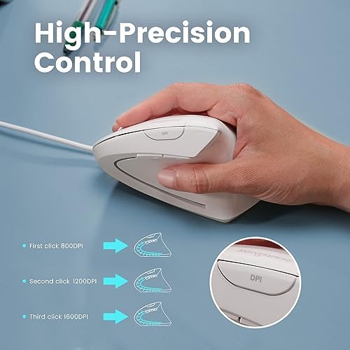 Perixx PERIMICE-513W Wired Ergonomic USB Mouse - 6 Buttons with 1000/1600 DPI - Vertical Right-Handed Design - White