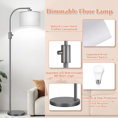 Nintiue Upgraded Modern Arc Dimmable Tall Standing Floor Lamp with Gray Shade, 1200 Lumens LED Bulb Included, for Living & Reading Room, Bedroom, Office & Nursery, Gray