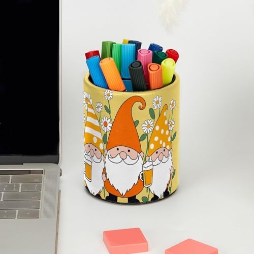 Gnomes Daisy Pen Holder Pencil Organizer Cute Pencil Cup Desk Decor Makeup Brush Holder PU Multifunctional Office Supplies for Home Classroom School