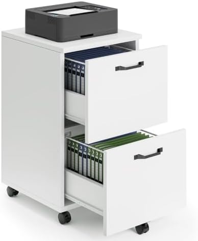 DUMOS 2 Drawer Rolling File Cabinet, Small Wood Filing Cabinet, White