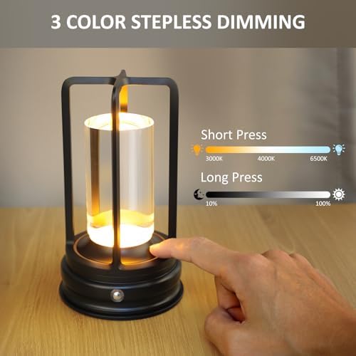 Cordless Table Lamp, Rechargeable LED Desk Lamp with 3 Color Temperatures & Stepless Dimming, Portable Touch Lamp for Bedroom, Bedside, Nightstand, Living Room, Dining Table, Home Office, Black