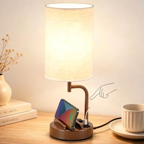 Dreamholder Touch Control USB Table Lamp with USB C/A & AC Outlet, 3-Way Dimmable Bedside Lamp, Modern Nightstand Lamps for Bedroom Living Room Guest Room Office, Bulb Included, Brown