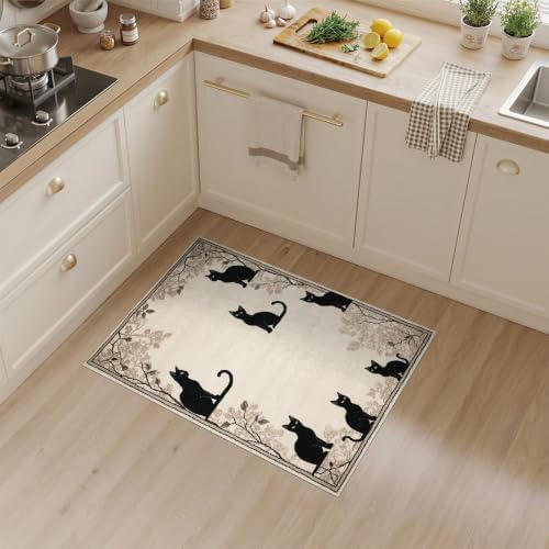 3'x5' Black Cat Taupe Design with Motifs Washable Throw Rug
