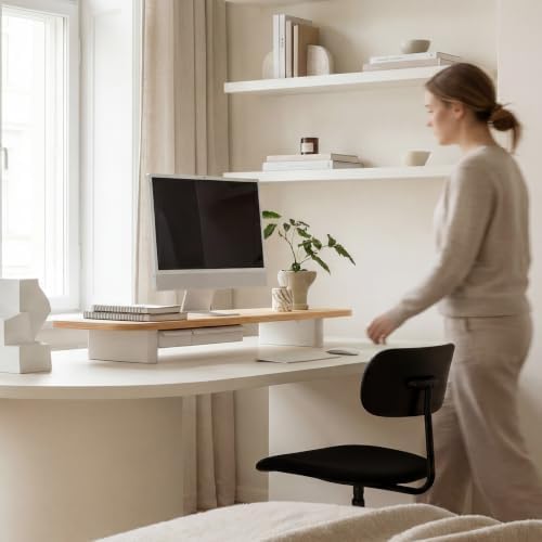 Fenge 42.5" Dual Monitor Stand with Storage Drawer & Solid Wood Legs